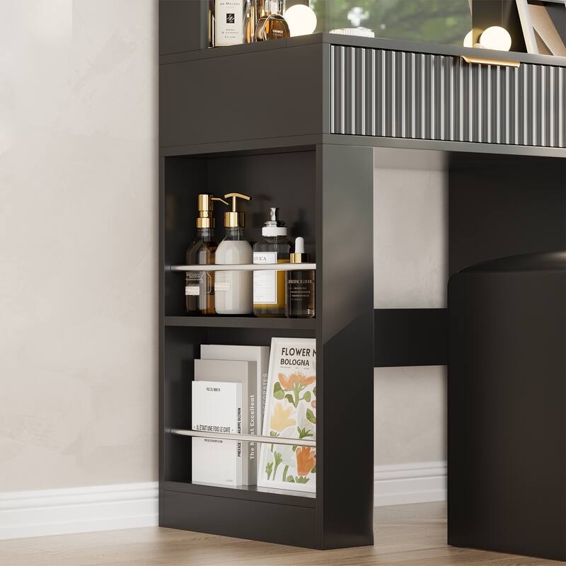 Transparent Tabletop Makeup Vanity Table / 2-Piece Vanity Desk and Stool Set with Charging Station