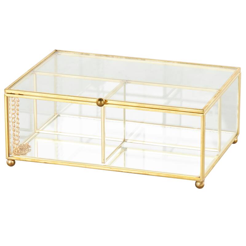 Clear Glass 3 Slot Decorative Jewelry Box with Gold Metal Frame and Chain Accent