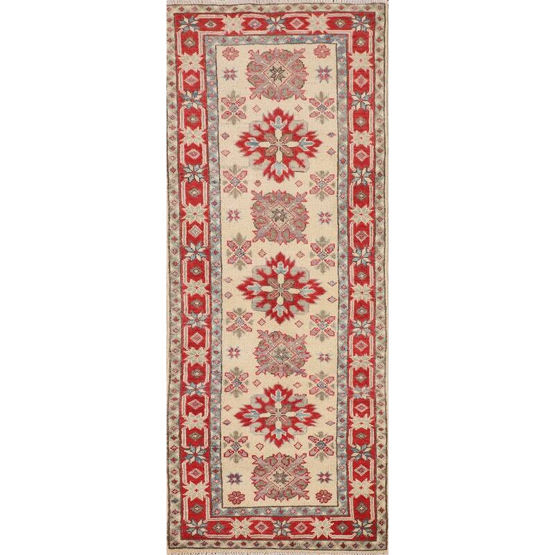 Geometric Kazak Oriental Runner Rug Handmade Beige Wool Carpet - 2'0" x 5'9"