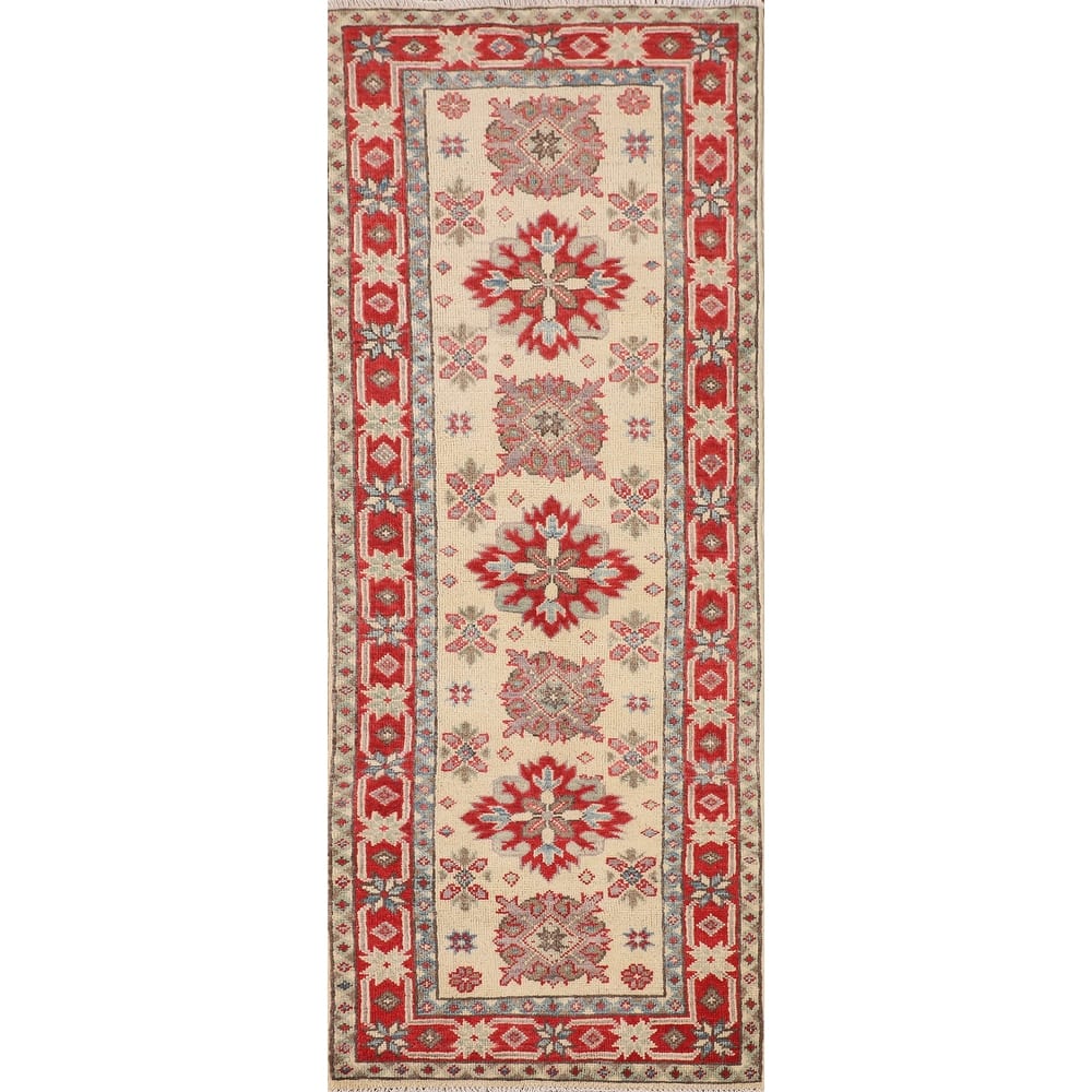Geometric Kazak Oriental Runner Rug Handmade Beige Wool Carpet - 2'0" x 5'9"
