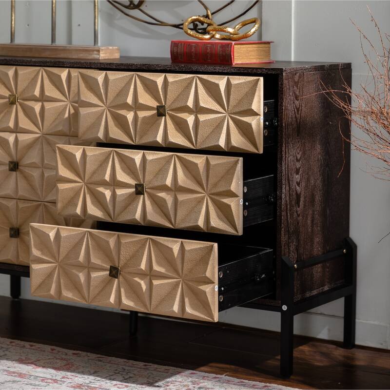 Roomfitters Solid Wood Sideboard Cabinet, Geometric Pattern Storage Console, Mid Century Modern Buffet for Living Room, Natural