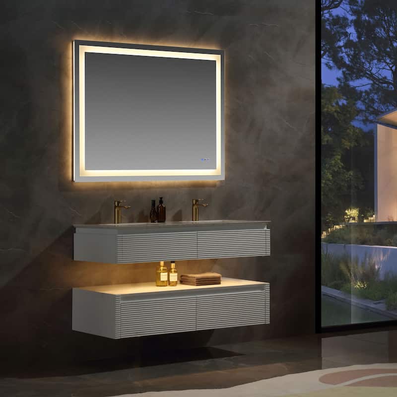 Modland 36/48 Inch LED Floating Vanity with Marble Top & Soft-Close Drawer - Green/White, Wall Drain Ready