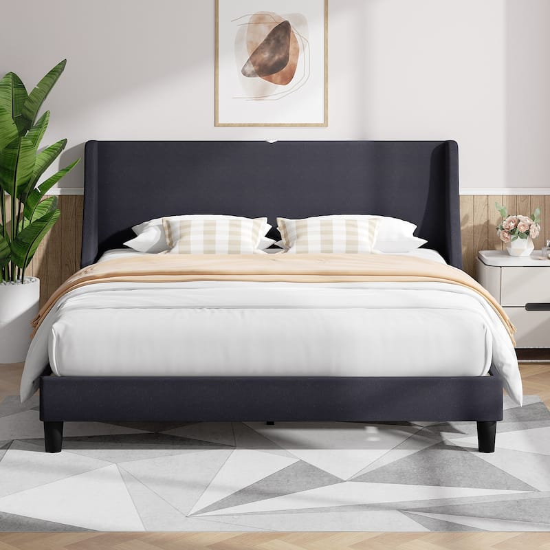 VECELO Bed Frame with Upholstered Wingback Headboard Platform Bedframe with Charging Station & Side Pockets