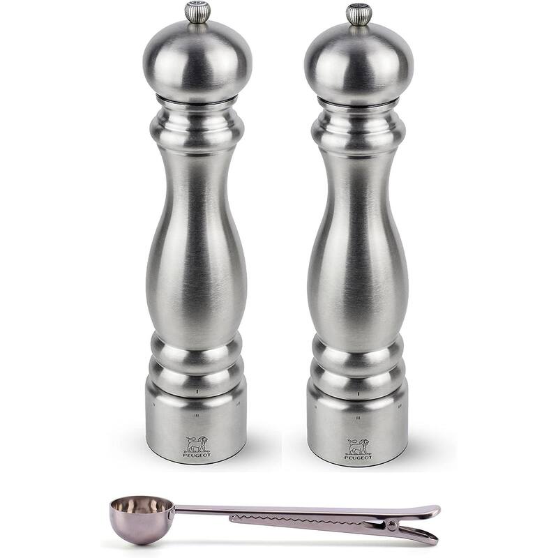 Peugeot Paris Chef u'Select Stainless Steel Salt & Pepper Mill Gift Set - With Stainless Steel Spice Scoop/Bag Clip (12 Inch) - Silver - 3 Piece