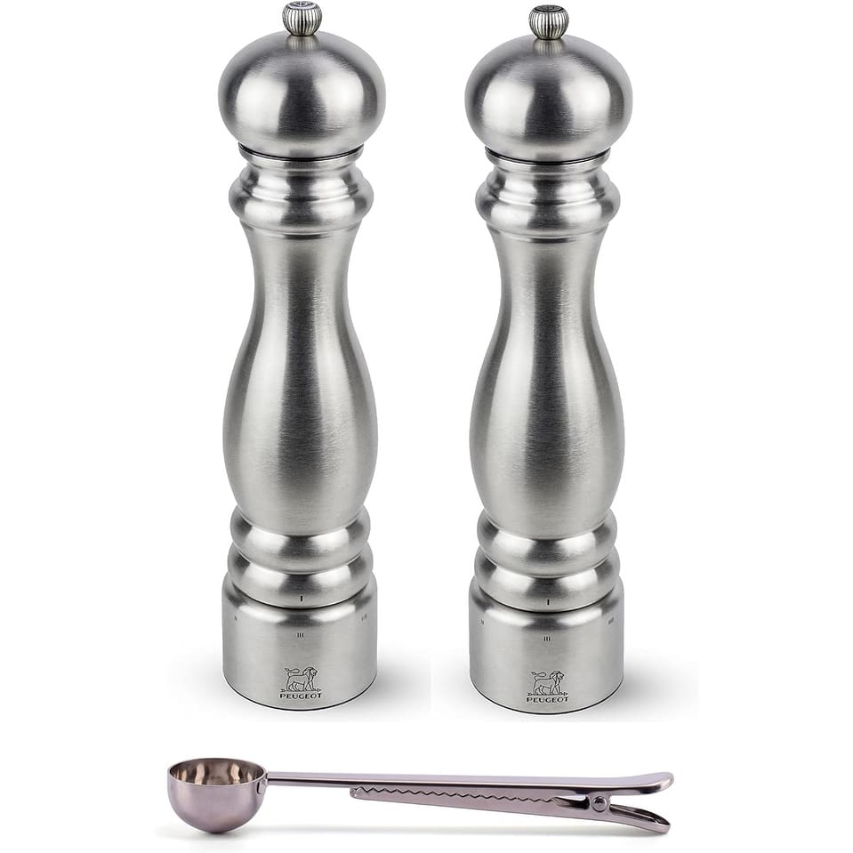 Peugeot Paris Chef u'Select Stainless Steel Salt & Pepper Mill Gift Set - With Stainless Steel Spice Scoop/Bag Clip (12 Inch)