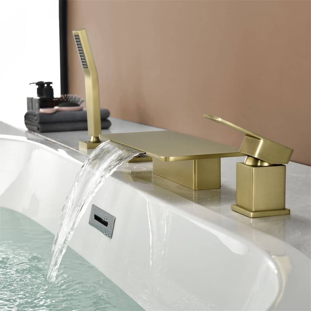 Deck Mount Waterfall Tub Faucet with Handheld Shower Brass 4 Holes Modern Roman Bathtub Filler with Hand Sprayer