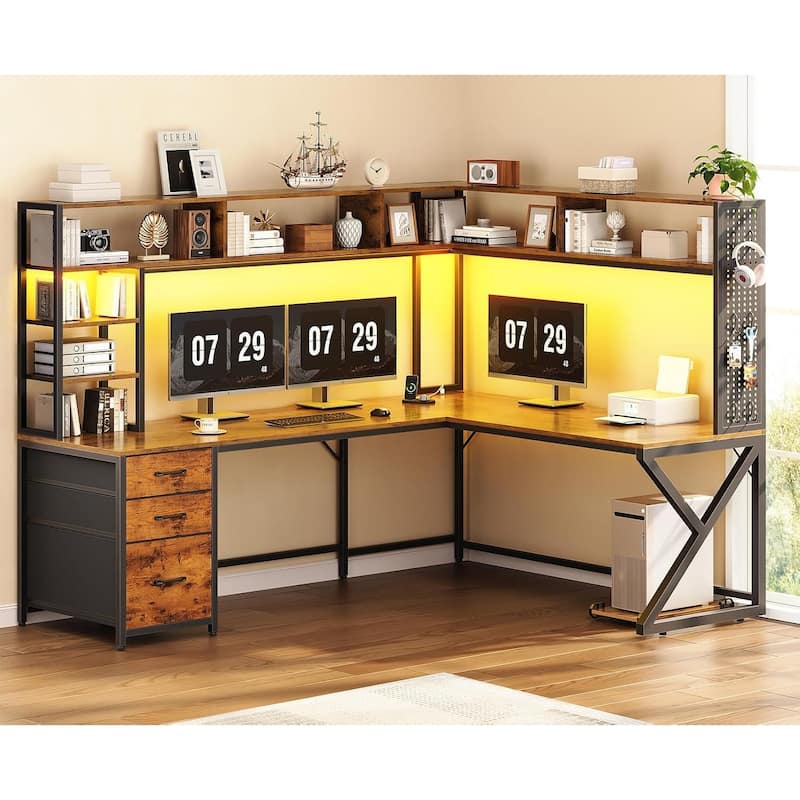 L Shaped Gaming Desk with Storage Shelves and Hutch Computer Desk 3 Drawers - Brown