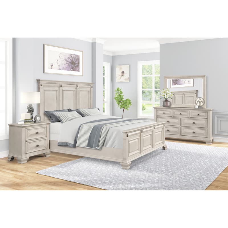 Roundhill Furniture Renova Distressed Parchment Wood Bedroom Set with Panel Bed, Dresser, Mirror, Nightstand, Chest - King