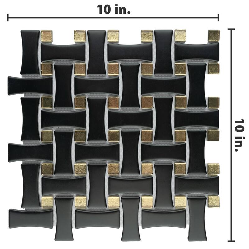 Merola Tile Metro Dog Bone Basketweave Matte Black with Glass Gold Dot 10" x 10" Porcelain Mosaic Wall Tile
