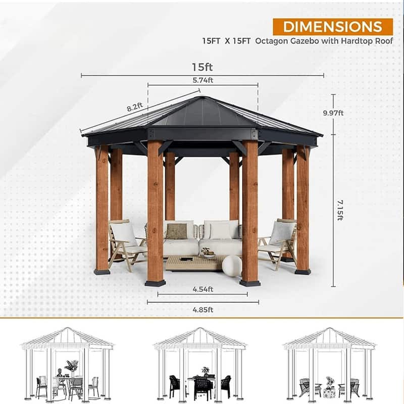 Outdoor Galvanized Steel Roof Gazebo Pergola w Wooden Coated Alumninum Frame, Privacy Curtains and Nettings Include