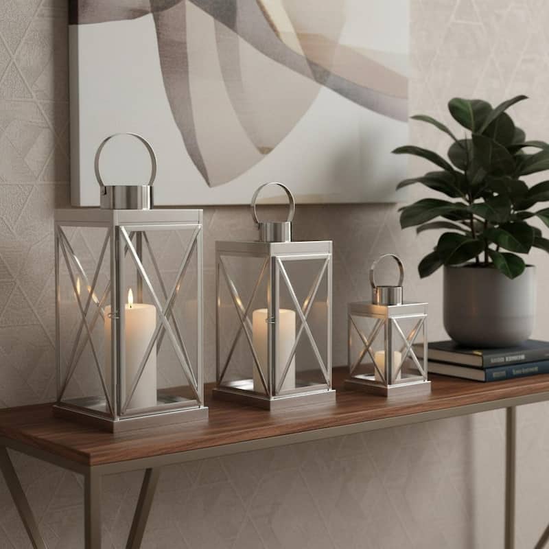 Set of Three Clear And Silver Glass And Stainless Steel Tabletop Lantern Candle Holders - Clear/Silver