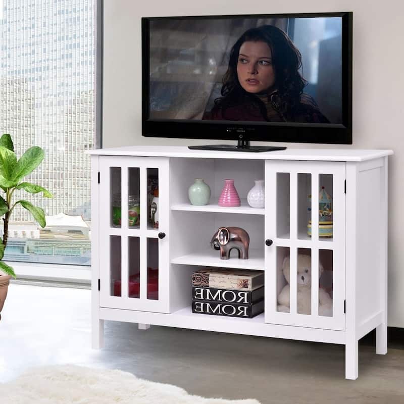 White Wood 43-inch TV Stand with Glass Panel Doors - 43" x 16" x 30" (L x W x H)