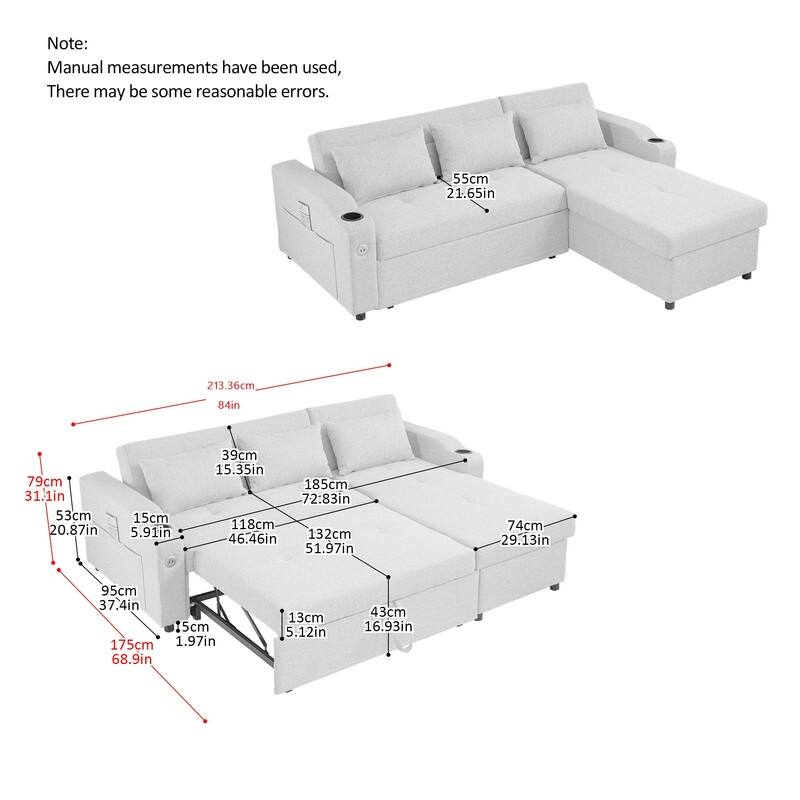Modern Upholstered Linen Sleeper Sofa Sectional with Chaise,Pull Out Couches with USB Ports & Cup Holders