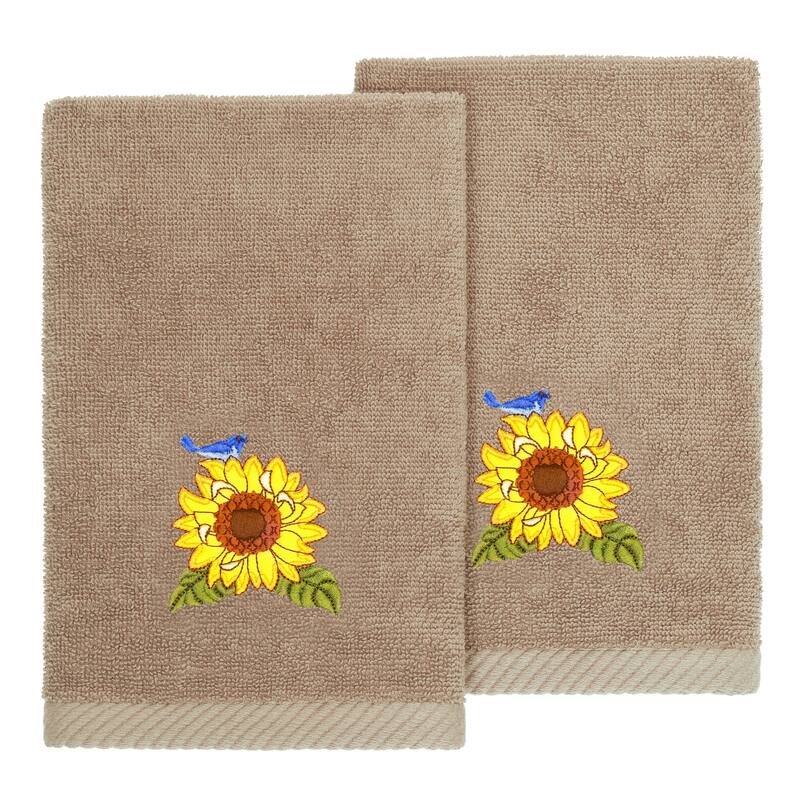 Authentic Hotel and Spa 100% Turkish Cotton Girasol 2PC Embellished Fingertip Towel Set - Cocoa