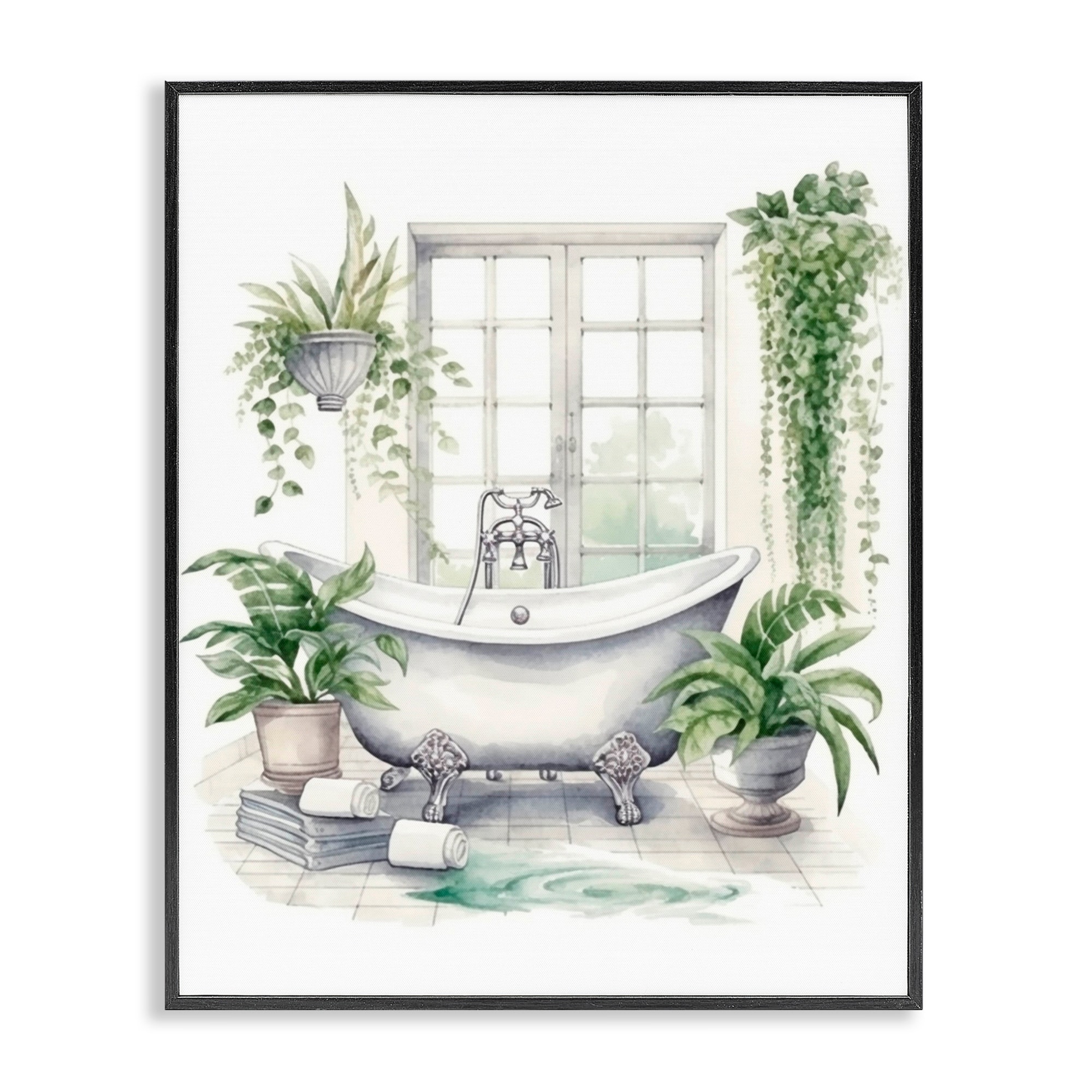 Stupell Lush Greenery Bathtub & Window Framed Giclee Art Design By Lettered and Lined