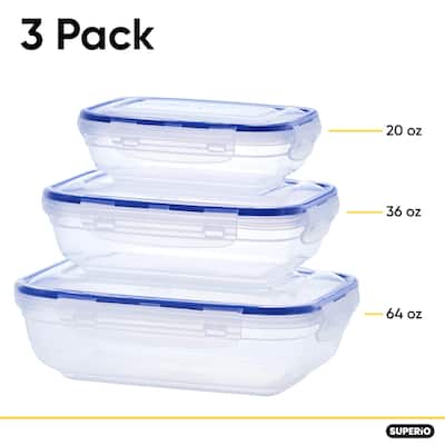 3 Pack Shallow Rectangular Sealed Containers - 20 oz., 36 oz.,64 oz.