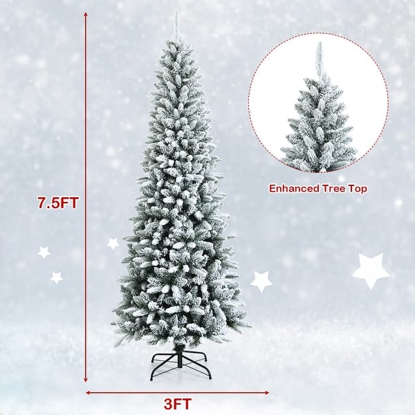 7.5FT Slim Snow Flocked Christmas Tree Hinged Pencil Tree with Stand ...