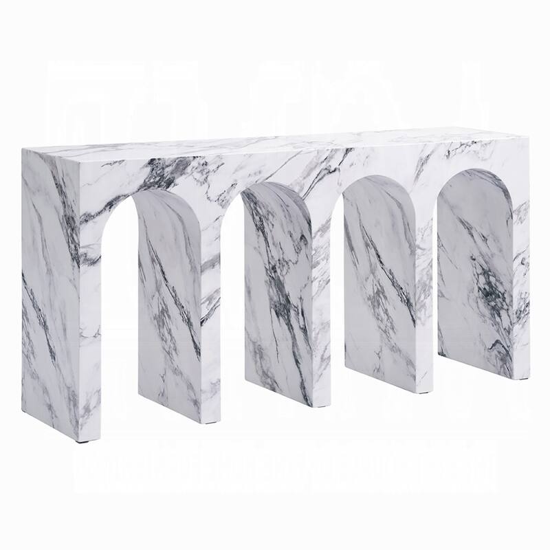Ritzy Console Table, White Marble Faux Stone, Arched Design, 59 Inch