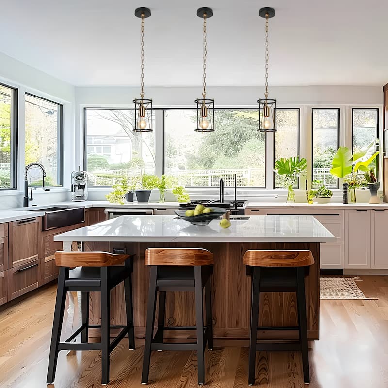 Modern Farmhouse 1-Light Black Gold Cylinder Cage Kitchen Island Pendant Lights for Dining Room