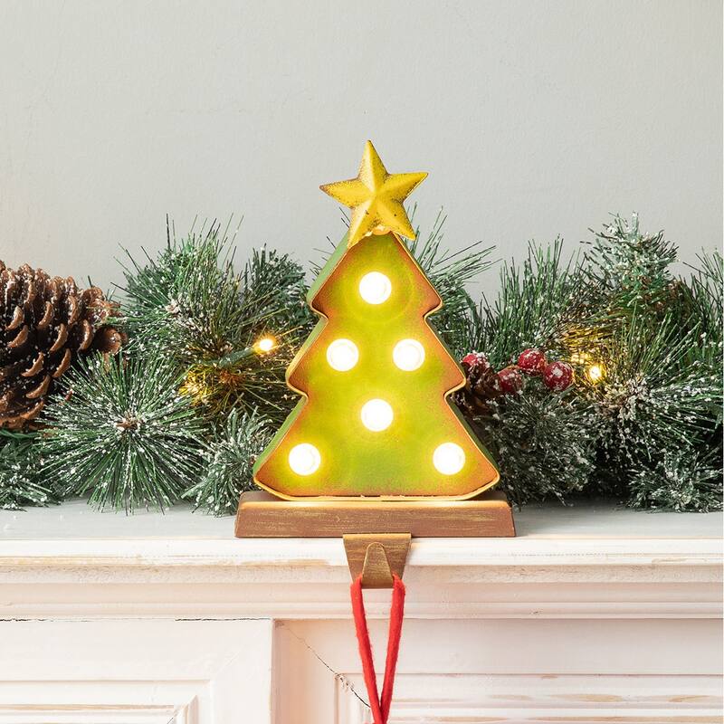 Glitzhome Marquee LED Cartoon Tree Snowman Christmas Stocking Holders Mantel Ornament - Tree