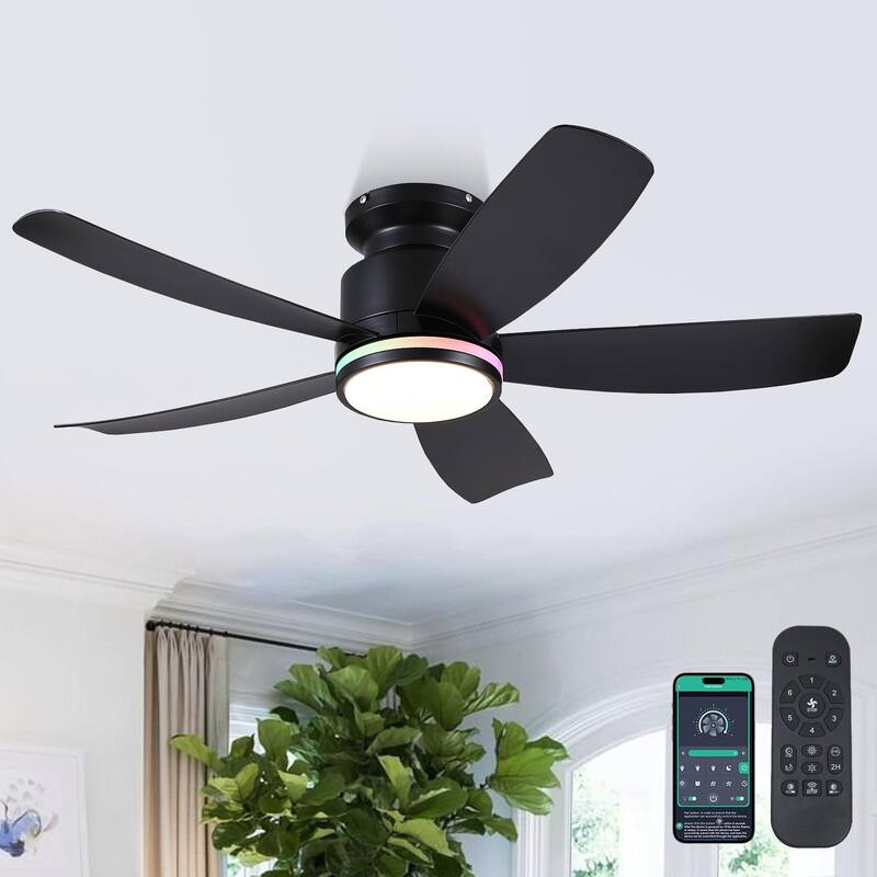 41 Inches Ceiling Fan with Light,5 ABS Blades,Flush Mount Low Profile Ceiling Fan with Light and Remote for Bedroom Living Room - Black-RGB light