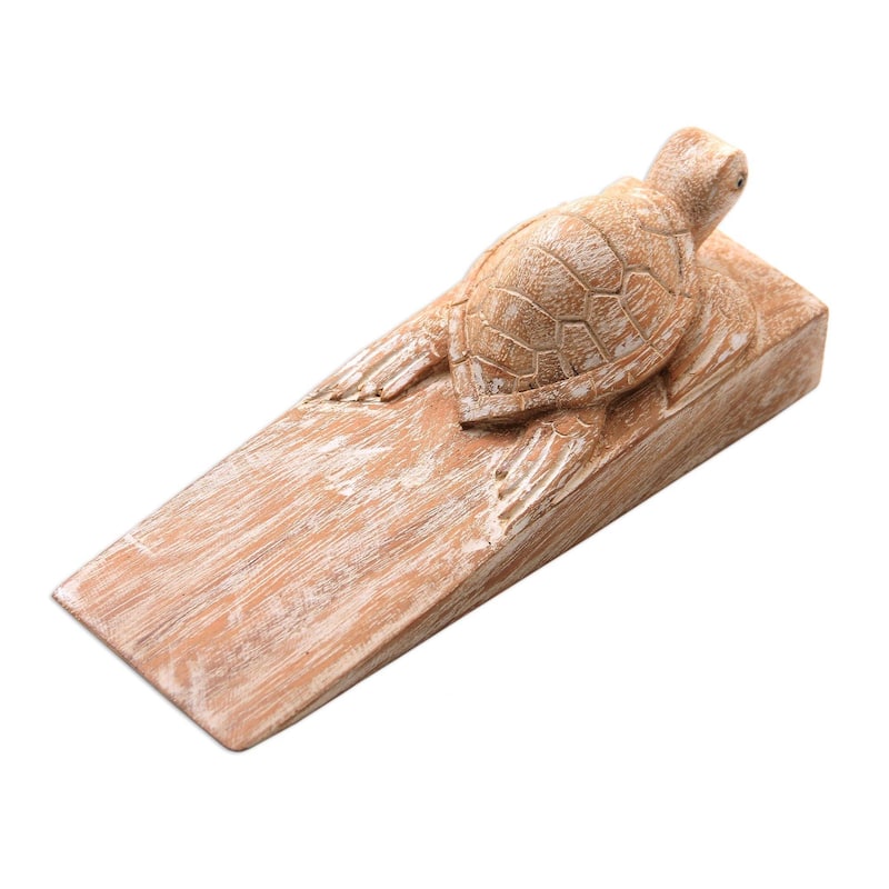 Novica Handmade Distressed Baby Turtle Wood Door Stopper - 5 cm H x 16.5 cm W x 6 cm D