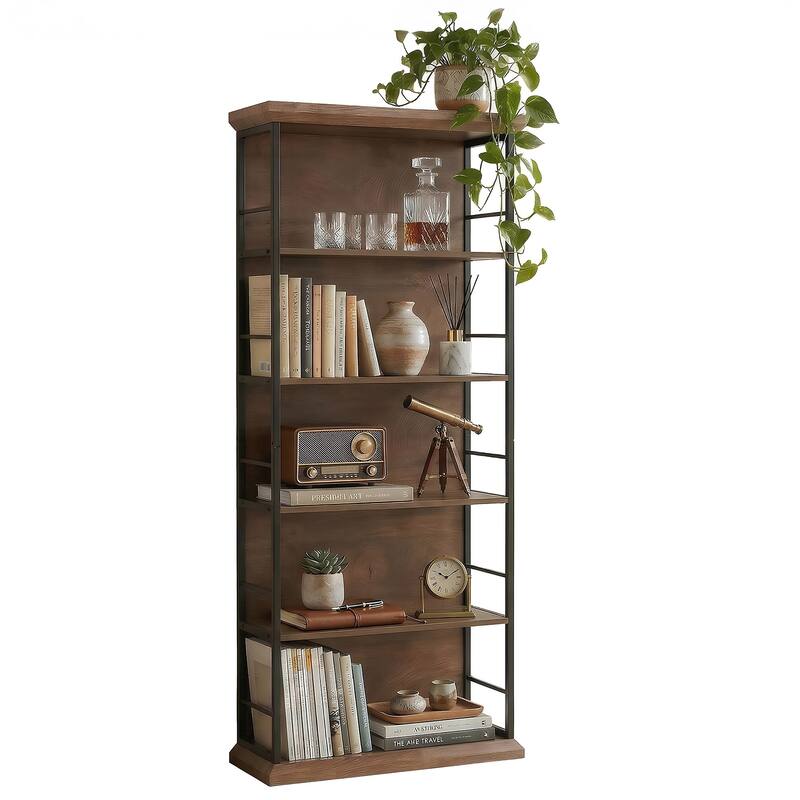 70.86" H 5-Tier Modern Bookcase | Wood & Metal Storage Shelf for Living Room & Office