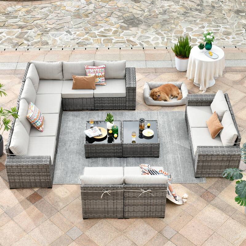 OVIOS Patio Wicker Furniture Wide Arm 12-piece Set with Table