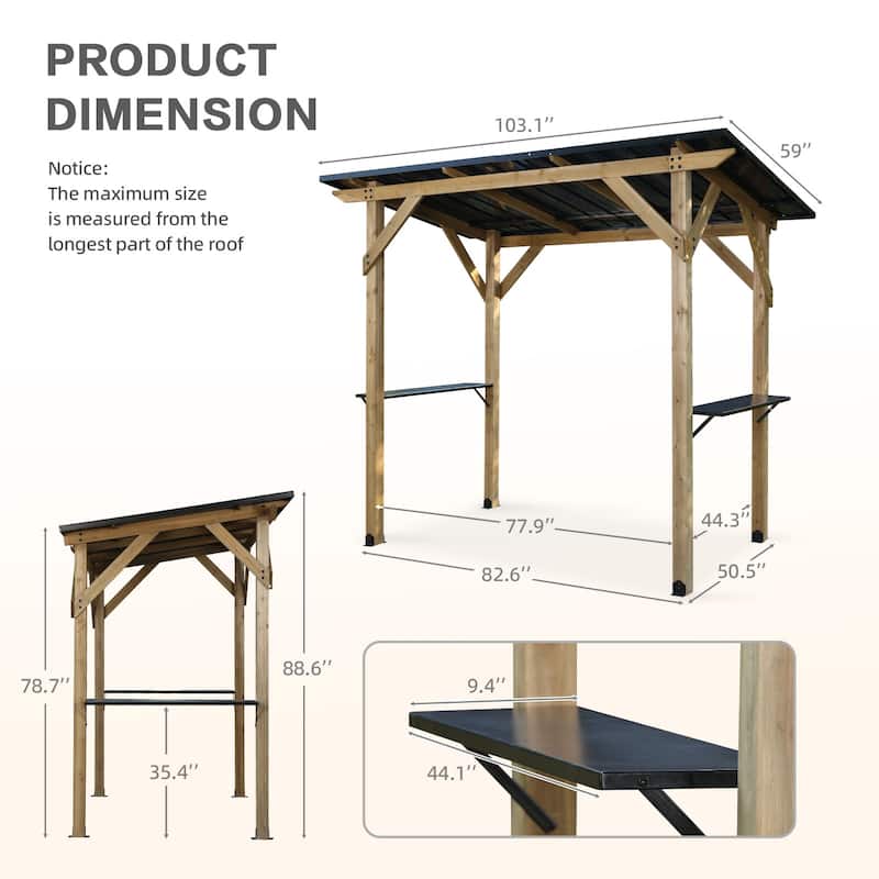 Aoodor 8' x 5' Wooden Grill Gazebo, Outdoor Hardtop Gazebo with Sloping Metal Roof and 2 Side Shelves