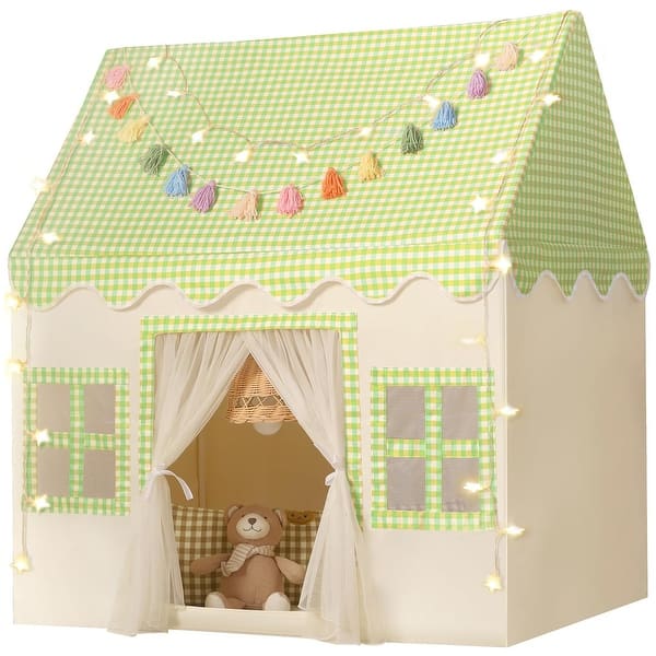 slide 2 of 7, Kids Play Tent Indoor with Mat, Tassel Garland, Star Lights