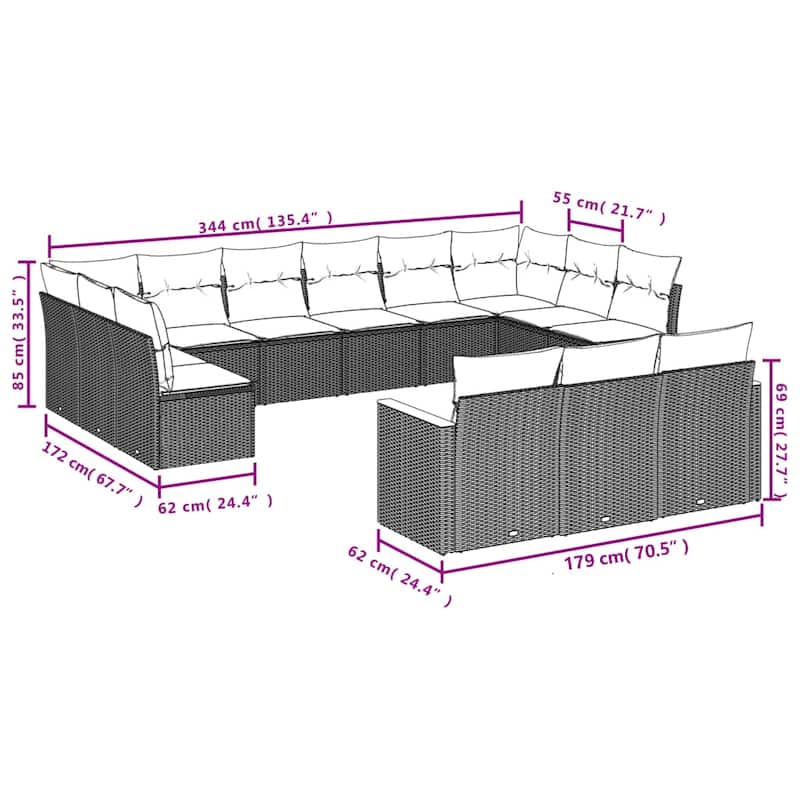 vidaXL 13 Piece Patio Sofa Set with Cushions Black Poly Rattan