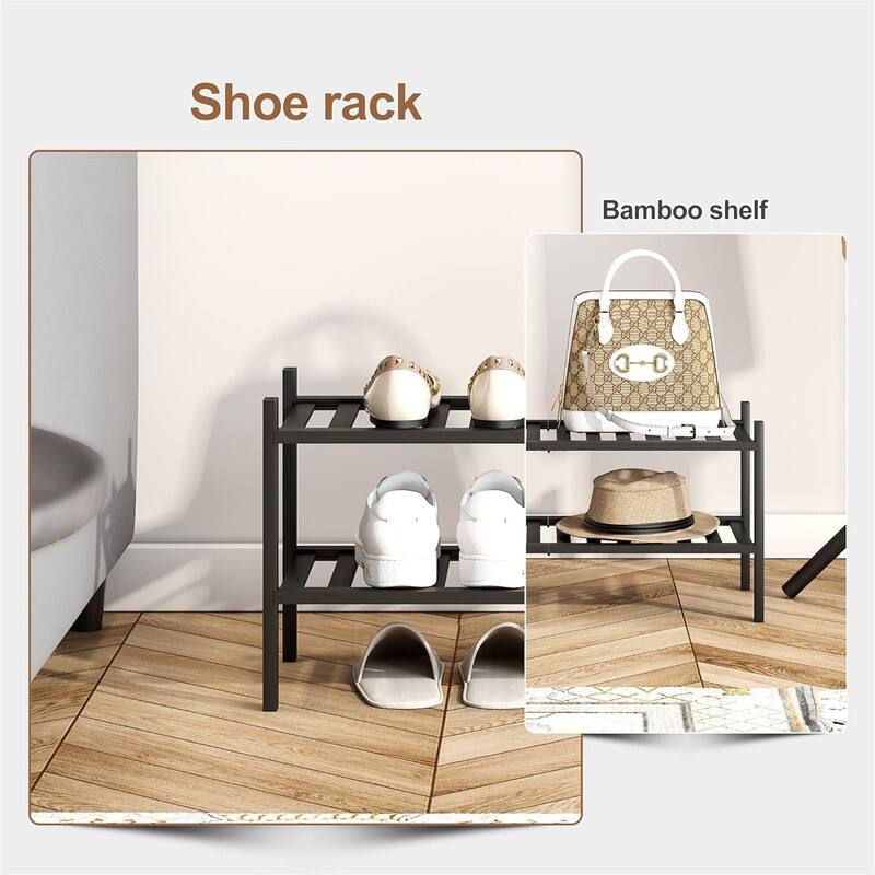 Bamboo Shoe Rack Stackable Shoe Shelf Storage Organizer for Unit Entryway - 12.6"D x 27"W x 11"H