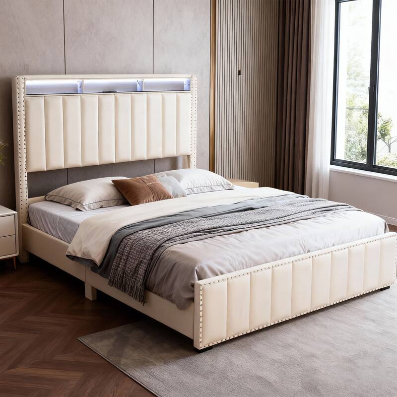 Modern Beige Solid Wood Bed Frame with Open Compartments