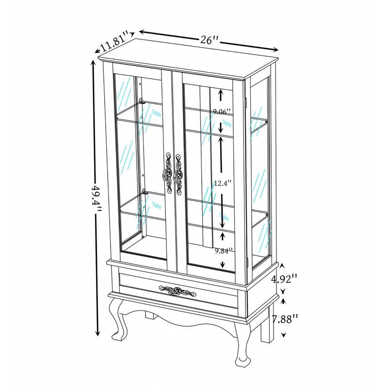 Lighted Glass Curio Display Cabinet with 1 Drawer and Bulb