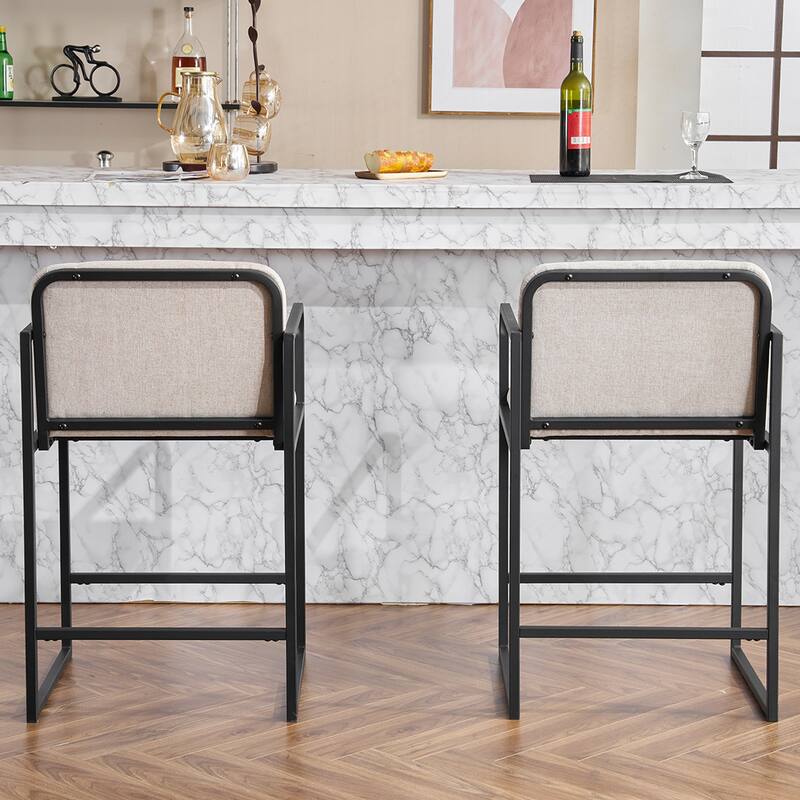 Upholstered Counter Height Bar Stool with Armrests, Metal Frame and Padded Seat, Dining Chair for Kitchen Island, Restaurant
