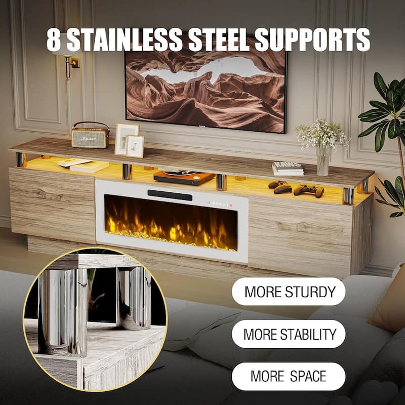 BOSSIN 80" TV Stand Entertainment Center with 36" Electric Fireplace, for TVs up to 90", High Gloss Cabinet with LED Light