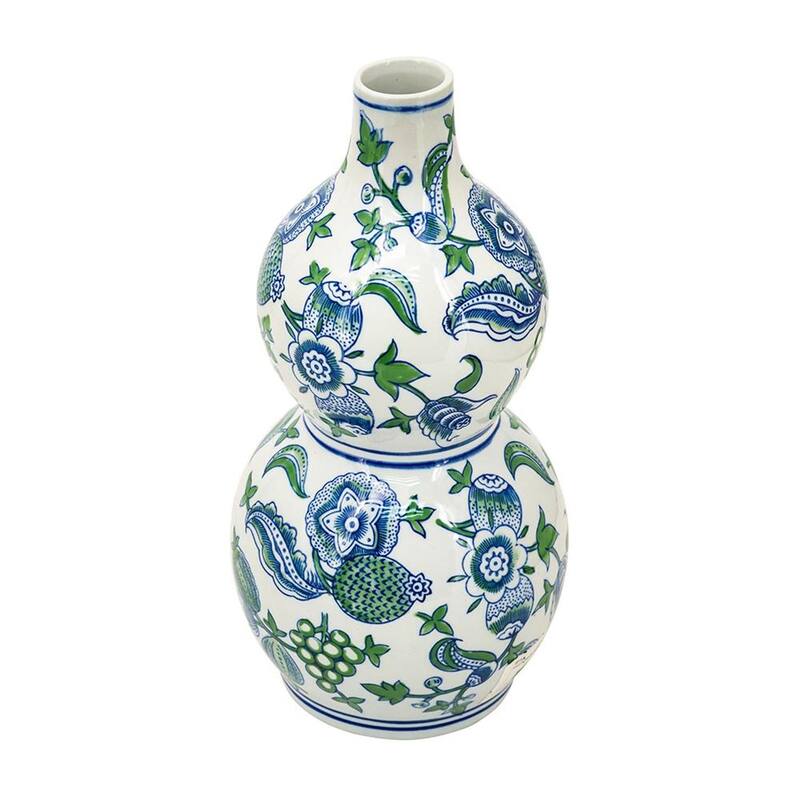 13" White Blue And Green Chinoiserie Porcelain Wavy Gourd Table Vase - 6.90