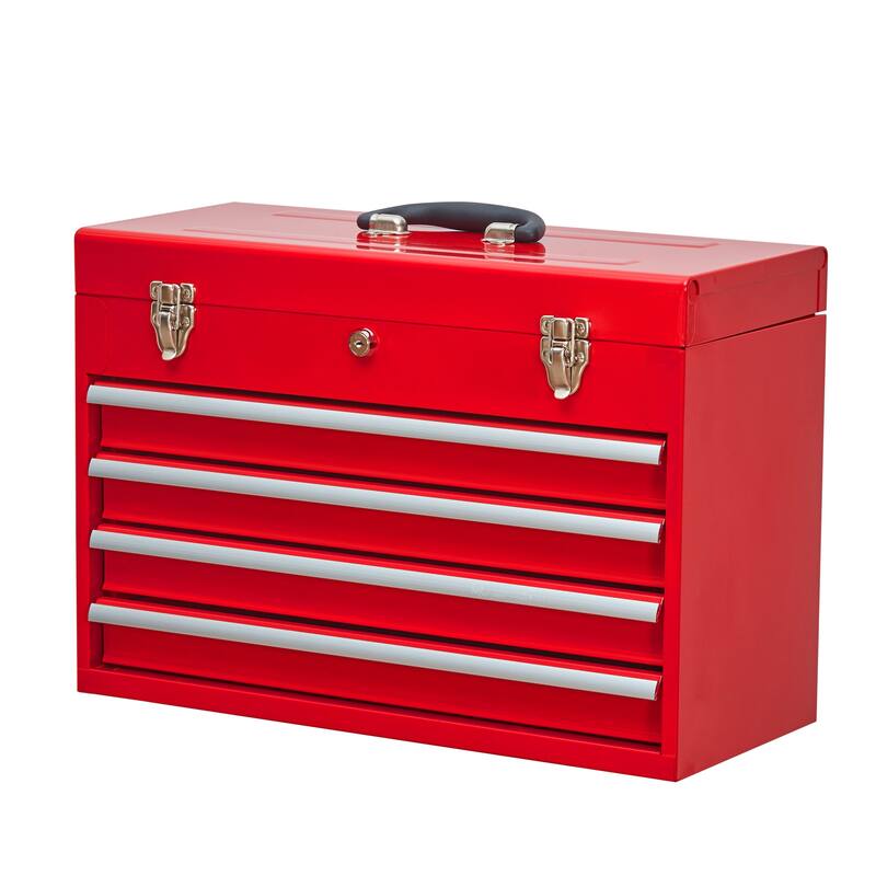 Portable Steel Tool Box with 4 Drawers,Cylinder Lock and Latch Closure - Red