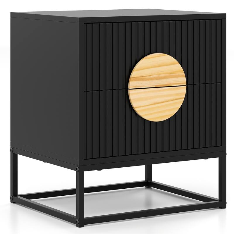 Modern Wooden Fluted Nightstand with 2 Storage Drawers and Metal Base for Bedroom