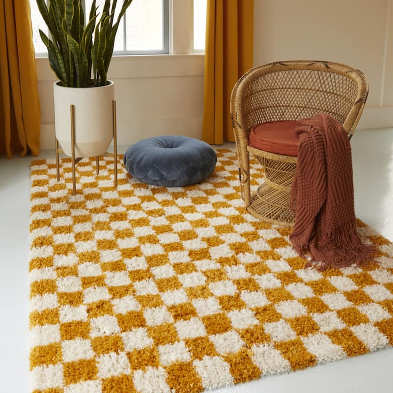 Mackie Checkered Shag Area Rug - 5'3" x 7' - Yellow