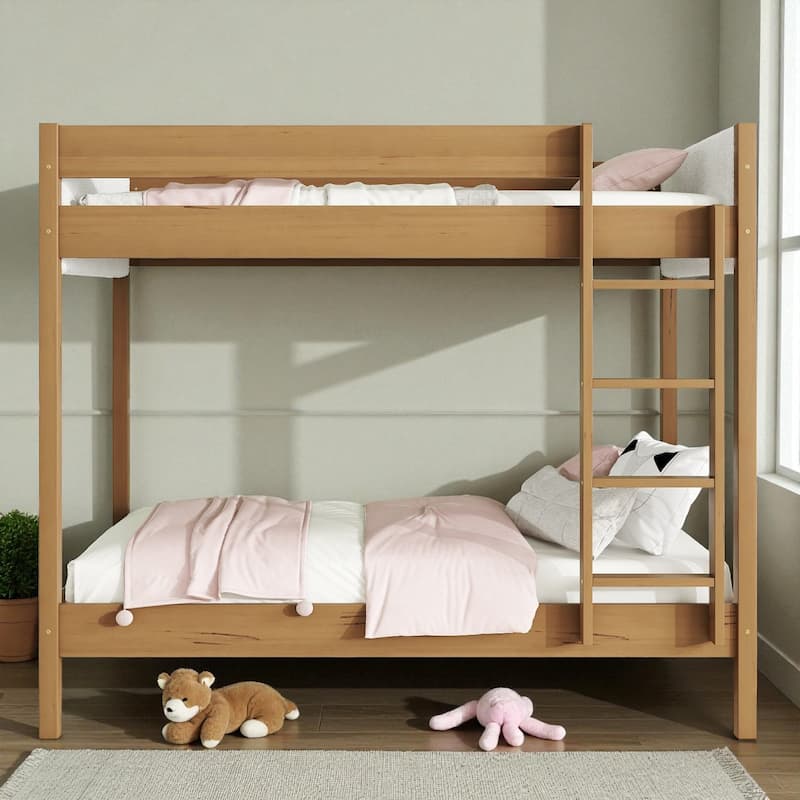 Modern Twin Over Twin Wooden Bunk Bed with Teddy Fleece Upholstery, Safety Guardrails, Ladder, and Underbed Storage Space