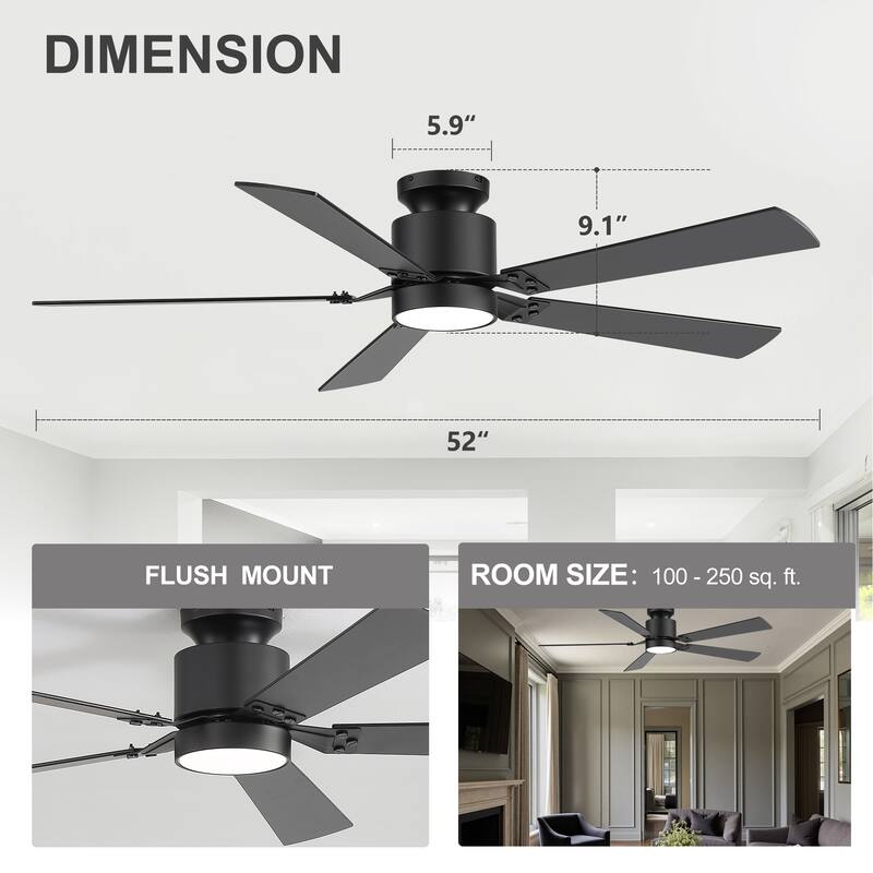 52-Inch Matte Black Flush Mount Ceiling Fan with RGB LED Light and Voice Control((5 Reversible Blades)