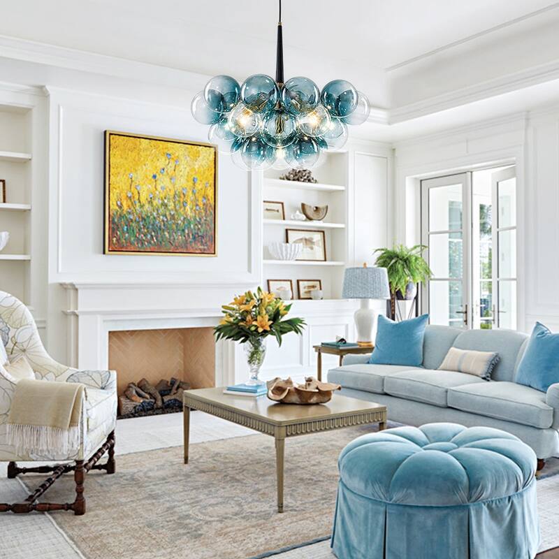 Glam Art Deco Cluster Glass Globe Blue Bubble Chandelier