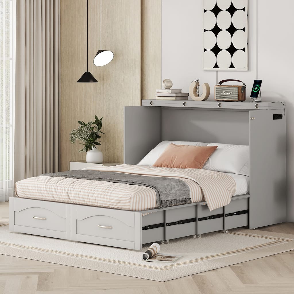 Space-Saving Full Size Murphy Bed with Drawers, USB Ports, and Pulley Design in Gray