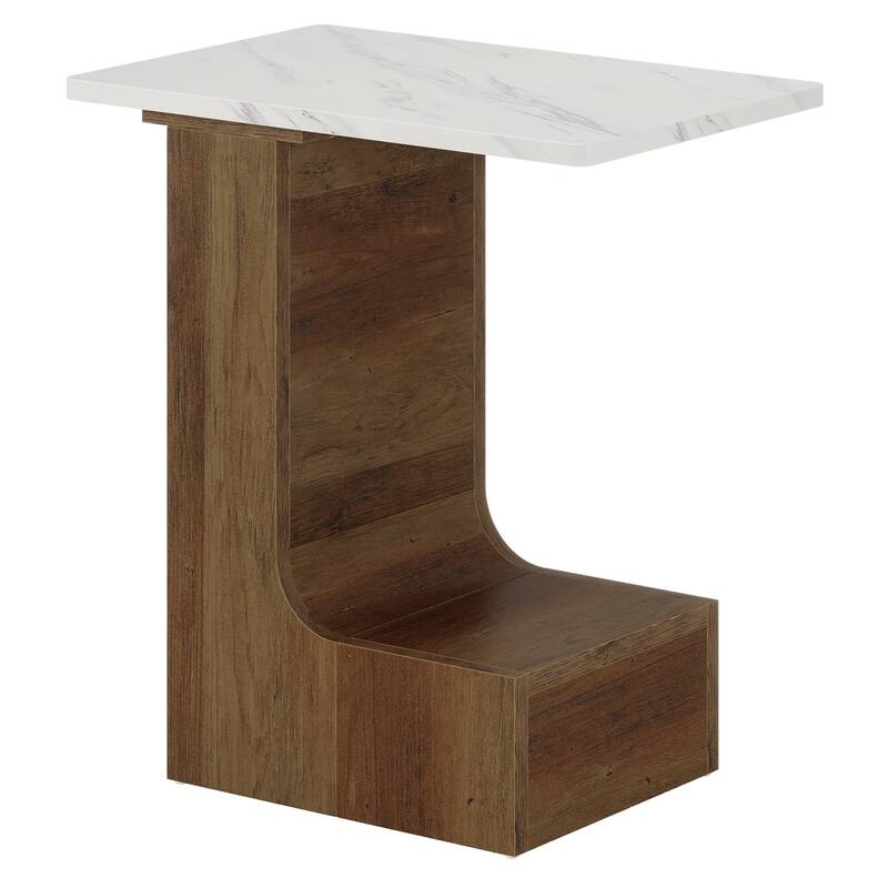 2-Tier C-Shaped End Table with Faux Marble Top for Living Room, Bedroom