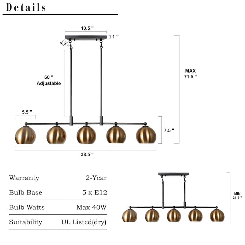 Modern Black Gold 5-Light Linear Chandelier Kitchen island Pendant Lights with Metal Shades - L38.5" x W5.5" x H7.5"