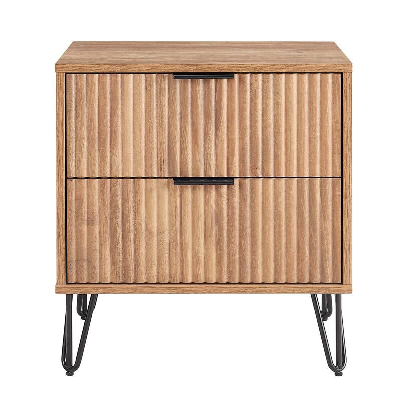 20-Inch Fluted Nightstand with 2 Drawers, Gold Metal Handles, and Splayed Legs in Golden Brown - Brown
