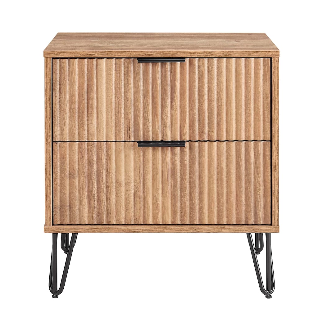 20-Inch Fluted Nightstand with 2 Drawers, Gold Metal Handles, and Splayed Legs in Golden Brown
