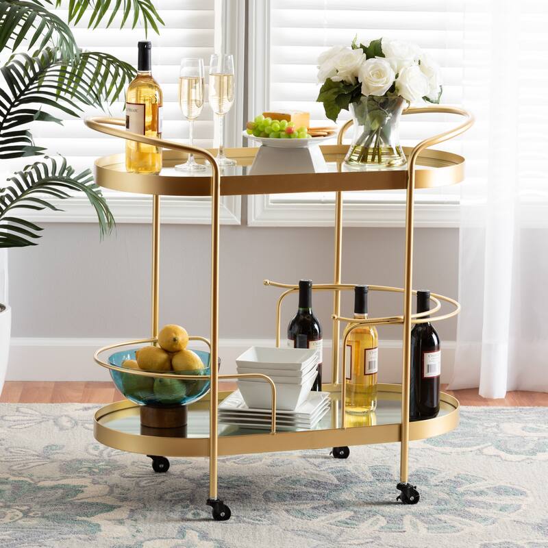 Kamal Glam Brushed Gold Metal and Mirrored Glass 2-Tier Wine Bar Cart