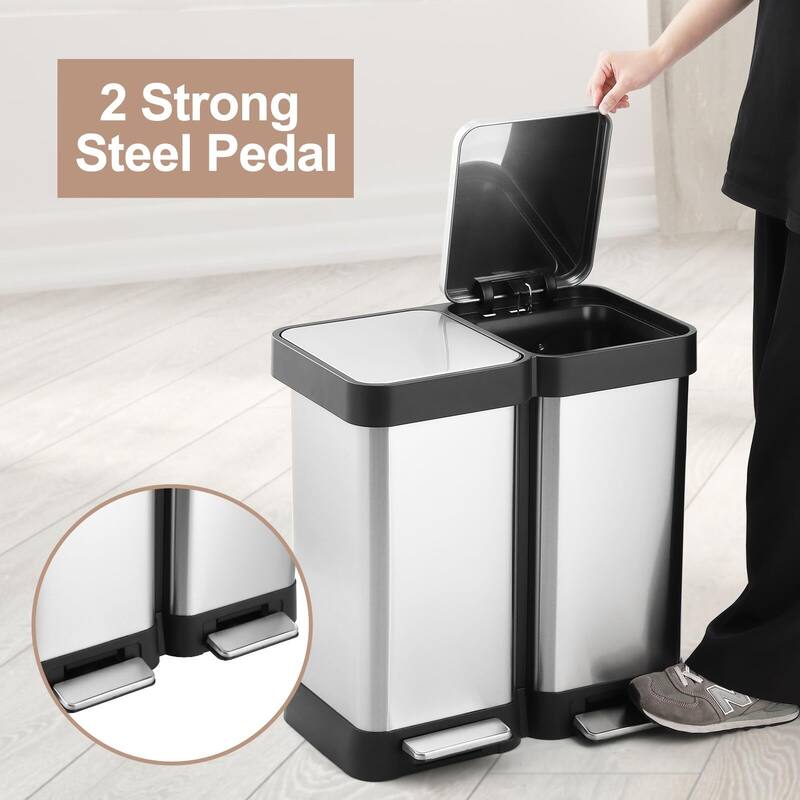 Large Capcity Dual Trash and Recycling Bin, Fingerprint Proof Stainless Steel Kitchen Garbage Can
